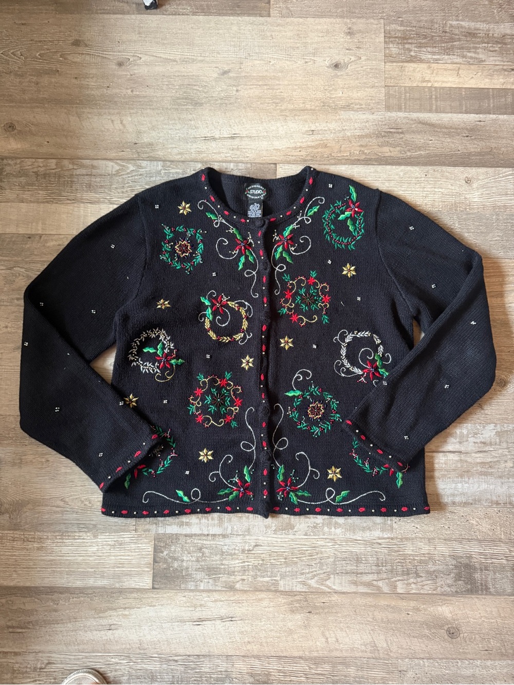 Designers Originals Women's Black Embroidered Holiday Cardigan size M